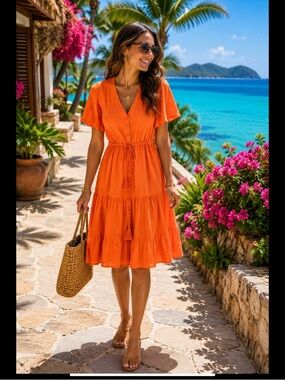 Taylor Orange Tiered Midi Dress
Flutter Sleeve Rayon Blend Lined Cutout Back Sz2